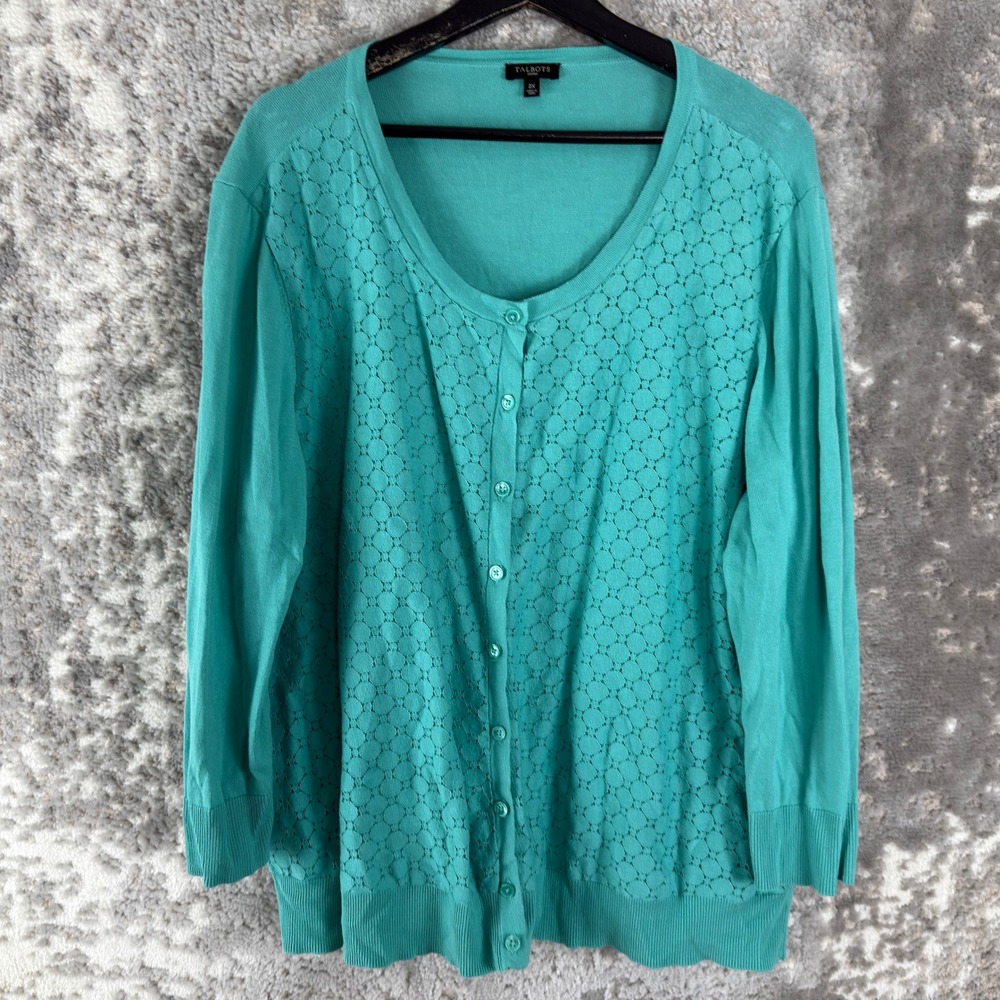 Talbots Plus Size 2X Eyelet Lace Front Cardigan Sweater Teal 3/4 Sleeve Women